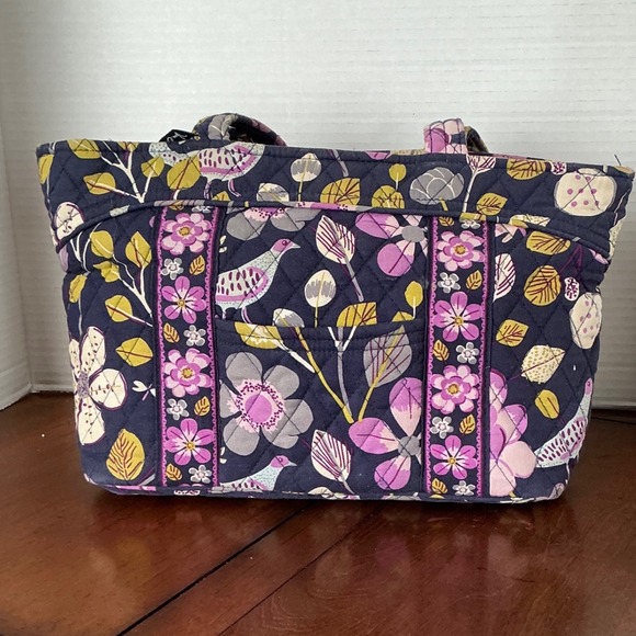 Vera Bradley Handbags - Vera Bradley Plum Nightingale Crazy Quilted Cotton Tote Bag Purple Floral Zip